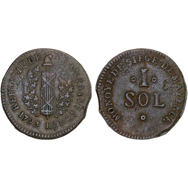 FRANCE: First Republic: National Convention, AE sol, Siege of Mainz (Mayence), 1793, VF