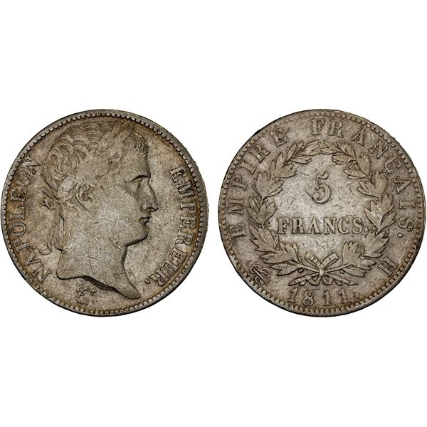 FRANCE: Napoleon I, as Emperor, 1804-1814, 1815, AR 5 francs, La Rochelle, 1811-H, F-VF