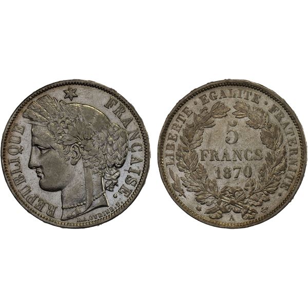 FRANCE: Republic, AR 5 francs, Paris, 1870-A, XF