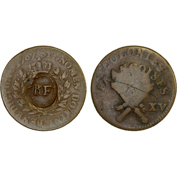 FRENCH COLONIES: AE 3 sols 9 deniers, 1767, VF on AG host