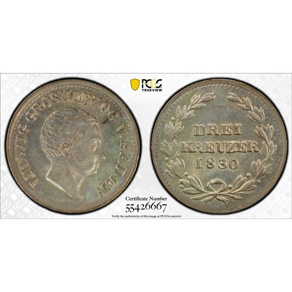 BADEN: Ludwig I, 1818-1830, AR 3 kreuzer, 1830, PCGS MS64