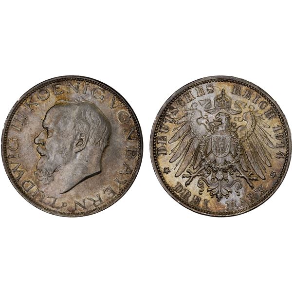BAVARIA: Ludwig III, 1913-1918, AR 3 mark, Munich, 1914-D, Unc
