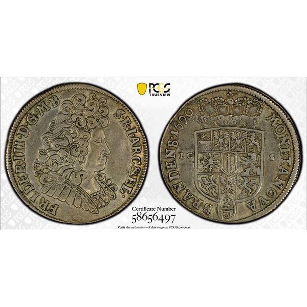 BRANDENBURG-PRUSSIA: Friedrich III, 1688-1701, AR 2/3 thaler, Berlin, 1690, PCGS XF details