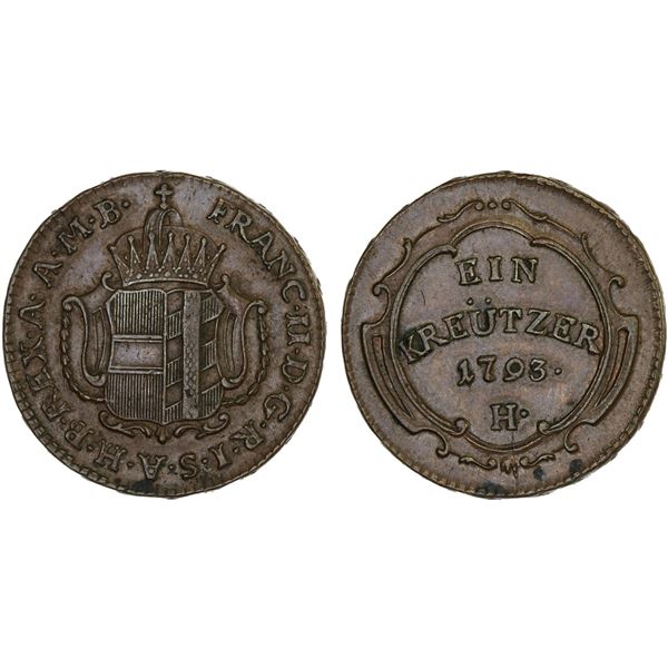 FURTHER AUSTRIA: Franz II, 1792-1805, AE kreuzer (7.88g), Hall, 1793-H, XF