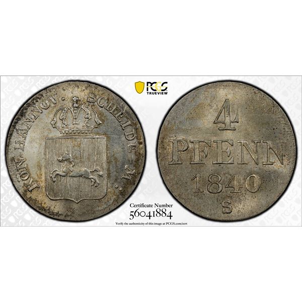 HANOVER: Ernst August I, 1837-1851, AR 4 pfennig, 1840, PCGS MS65
