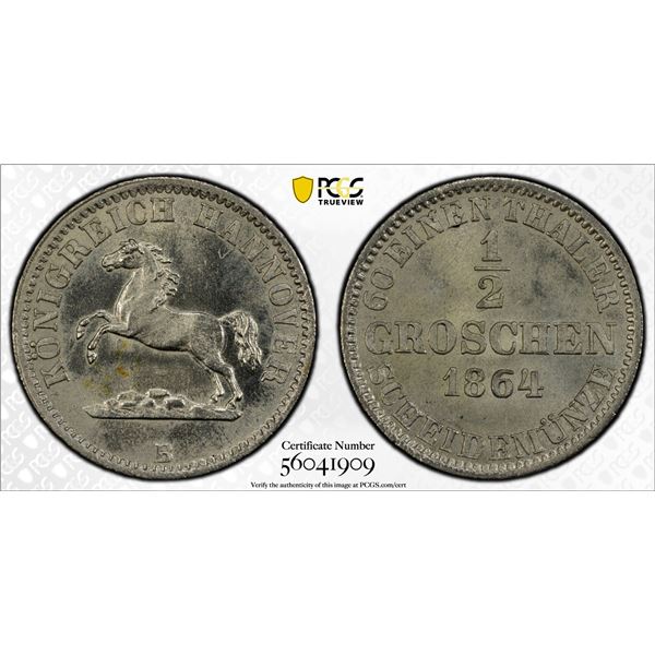 HANOVER: George V, 1851-1866, BI 1/2 groschen, 1864, PCGS UNC details