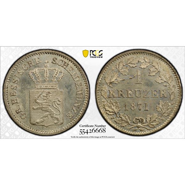 HESSE-DARMSTADT: Ludwig III, 1848-1877, AR kreuzer, 1871, PCGS MS65