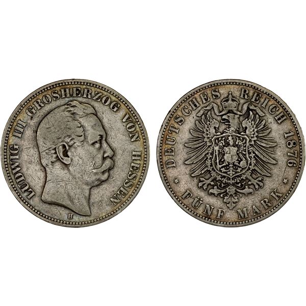 HESSE-DARMSTADT: Ludwig III, 1848-1877, AR 5 mark, 1876-H, Fine