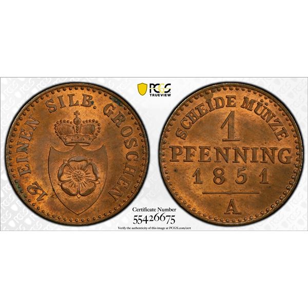 LIPPE-DETMOLD: Leopold III, 1851-1875, AE pfennig, 1851-A, PCGS MS64 RB
