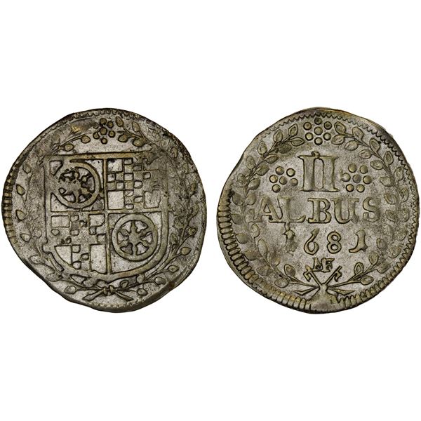 MAINZ (ARCHBISHOPRIC): Anselm Franz von Ingelheim, 1679-1695, AR 2 albus (1.79g), 1681 MF, VF