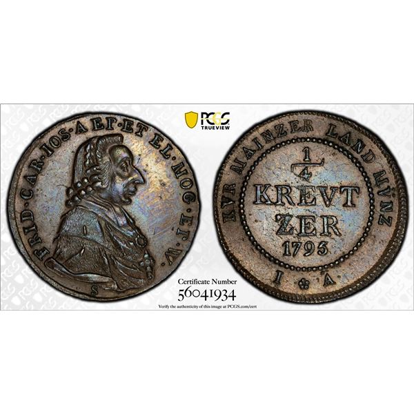 MAINZ: Friedrich Karl Joseph von Erthal, 1774-1802, AE 1/4 kreuzer, 1795, PCGS MS63 BN
