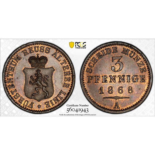 REUSS-GREIZ: Heinrich XXII, 1867-1902, AE pfennig, 1868-A, PCGS MS63 RB