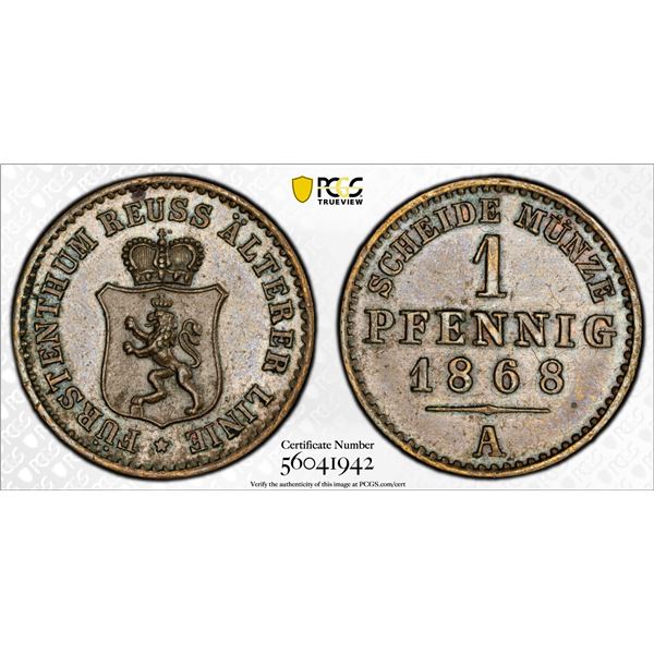 REUSS-GREIZ: Heinrich XXII, 1867-1902, AE pfennig, 1868-A, PCGS MS62 BN
