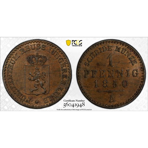 REUSS-SCHLEIZ: Heinrich LXII, 1818-1854, AE pfennig, 1850-A, PCGS MS63 BN