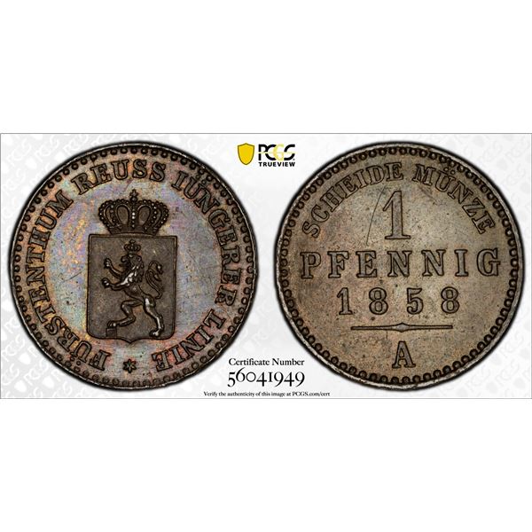 REUSS-SCHLEIZ: Heinrich LXVII, 1854-1867, AE pfennig, 1858-A, PCGS MS64 BN