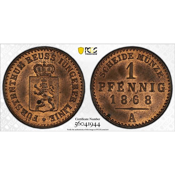 REUSS-SCHLEIZ: Heinrich XIV, 1867-1913, AE pfennig, 1868-A, PCGS MS64 RB