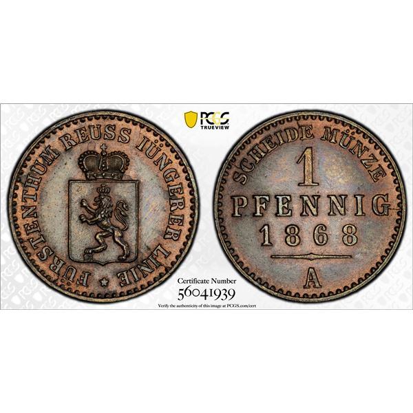 REUSS-SCHLEIZ: Heinrich XIV, 1867-1913, AE pfennig, 1868-A, PCGS MS63 BN