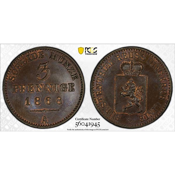 REUSS-SCHLEIZ: Heinrich XIV, 1867-1913, AE 3 pfennig, 1868-A, PCGS MS64 BN