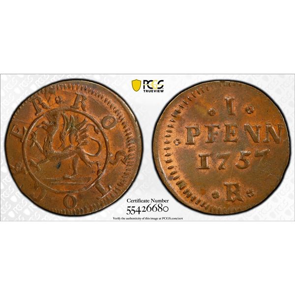 ROSTOCK: Free city, AE pfennig, 1757, PCGS MS62 BN