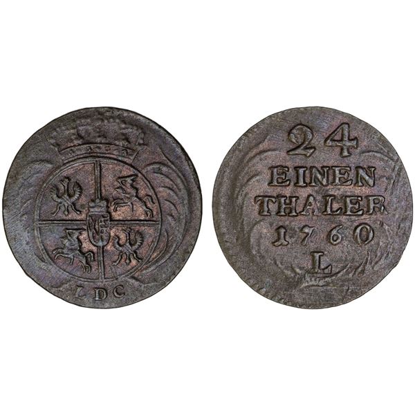 SAXONY: Friedrich August II, 1733-1763, AR 1/24 thaler, Leipzig, 1760, AU