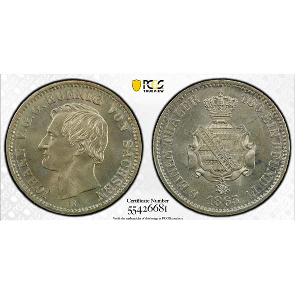 SAXONY: John I, 1854-1873, AR 1/6 thaler, Dresden, 1865, PCGS MS64