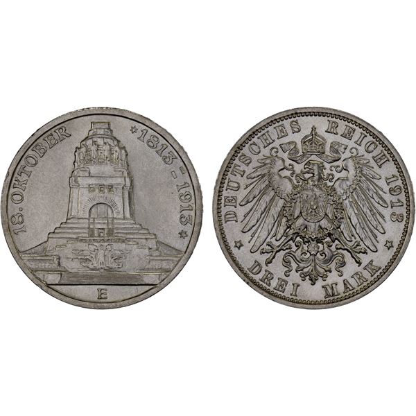 SAXONY: Friedrich August III, 1904-1908, AR 3 mark, 1913-E, Almost Unc to Unc.