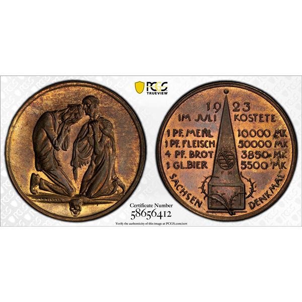 SAXONY: Weimar Republic, AE inflation medal, 1923, PCGS MS64 RB
