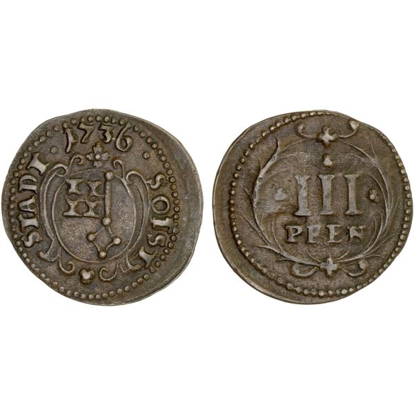 SOEST: AE 3 pfennig, 1736, VF