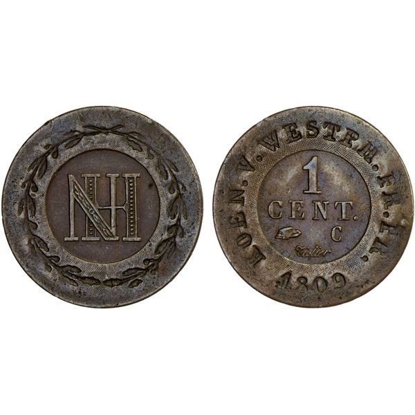 WESTPHALIA: Jérôme Bonaparte, 1807-1813, AE centime, Kassel, 1809, XF-AU