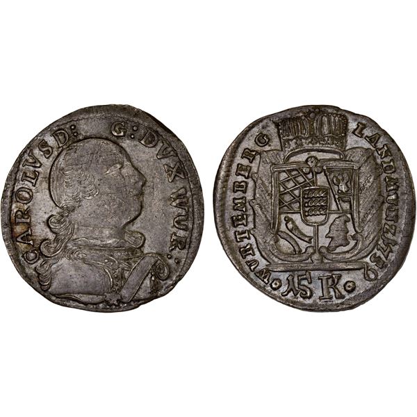 WÜRTTEMBERG: Karl Eugen, 1737-1793, AR 15 kreuzer, 1759, AU