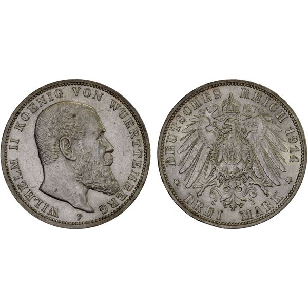 WÜRTTEMBERG: Wilhelm II, 1891-1918, AR 3 mark, Freudenstadt, 1914-F, AU