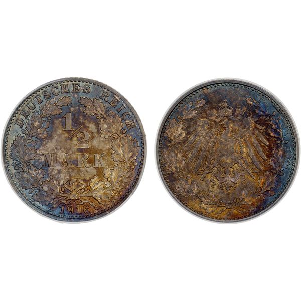 GERMANY: Kaiserreich, AR 1/2 mark, 1916-J, PCGS MS66
