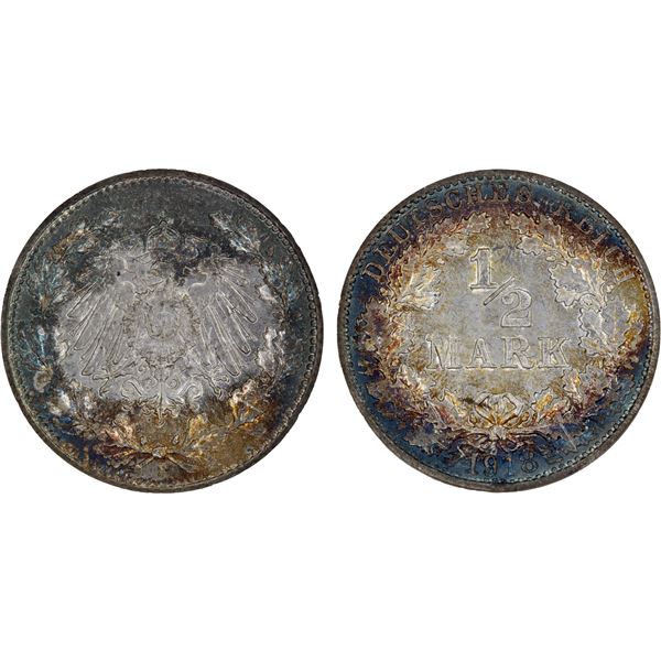GERMANY: Kaiserreich, AR 1/2 mark, 1918-F, NGC MS67