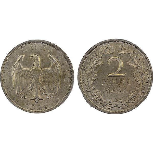 GERMANY: Weimar Republic, AR 2 reichsmark, 1926-D, PCGS MS63