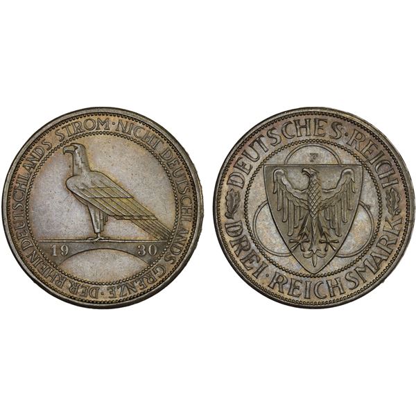 GERMANY: Weimar Republic, AR 3 reichsmark, Stuttgart, 1930-F, Unc