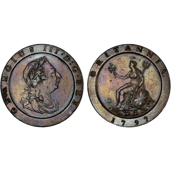 GREAT BRITAIN: George III, 1760-1820, AE 2 pence, 1797, XF