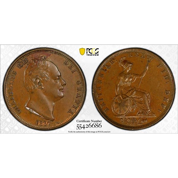 GREAT BRITAIN: William IV, 1830-1837, AE 1/2 penny, 1837, PCGS AU58