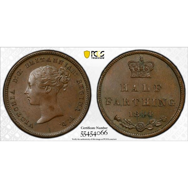 GREAT BRITAIN: Victoria, 1837-1901, AE 1/2 farthing, 1844, PCGS MS63 BN