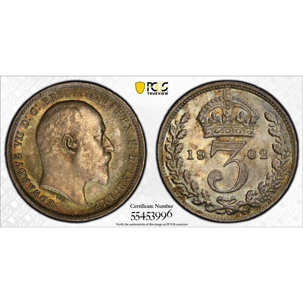 GREAT BRITAIN: Edward VII, 1901-1910, AR 3 pence, 1902, PCGS MS65