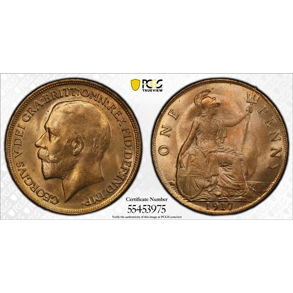 GREAT BRITAIN: George V, 1910-1936, AE penny, 1917, PCGS MS64 RD