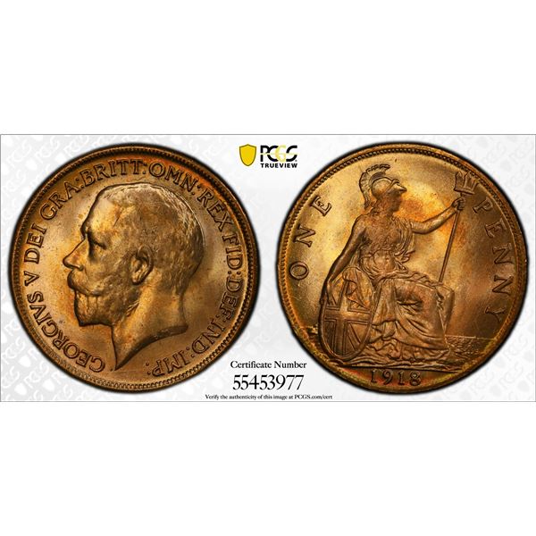 GREAT BRITAIN: George V, 1910-1936, AE penny, 1918, PCGS MS64 RD