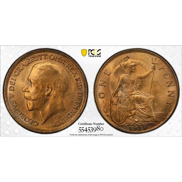 GREAT BRITAIN: George V, 1910-1936, AE penny, 1919, PCGS MS64 RD