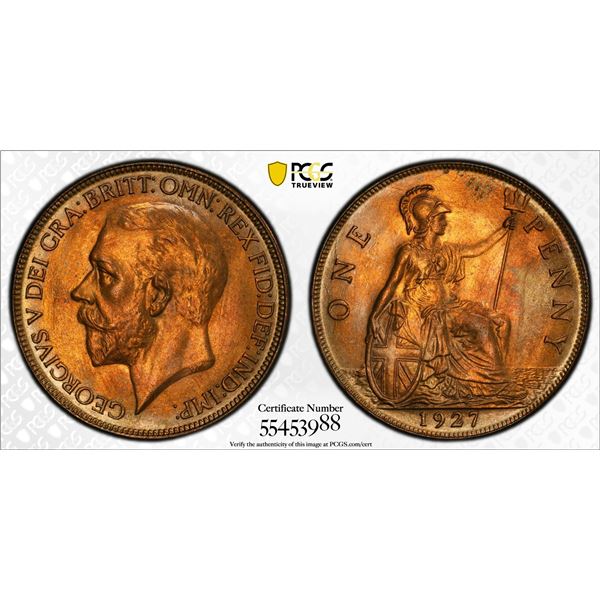 GREAT BRITAIN: George V, 1910-1936, AE penny, 1927, PCGS MS65 RB