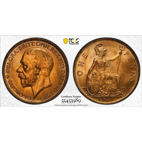 GREAT BRITAIN: George V, 1910-1936, AE penny, 1927, PCGS MS65 RD