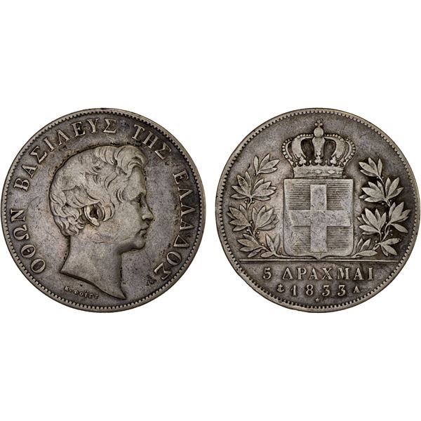 GREECE: Othon, 1832-1862, AR 5 drachmai, 1833-A, Fine