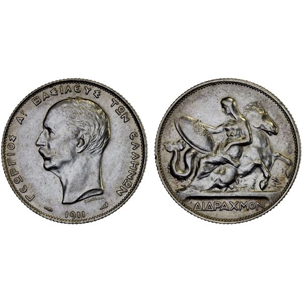 GREECE: George I, 1863-1913, AR 2 drachmai, Paris, 1911, XF-AU