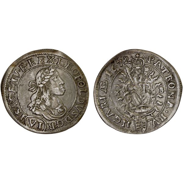 HUNGARY: AR 6 krajczar, Kremnitz, 1672, attractive VF