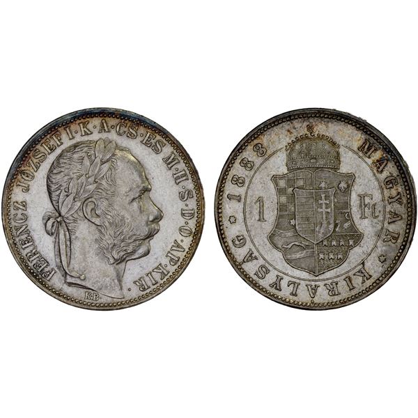 HUNGARY: Franz Josef I, 1848-1916, AR forint, Kremnitz, 1888 KB, XF-AU