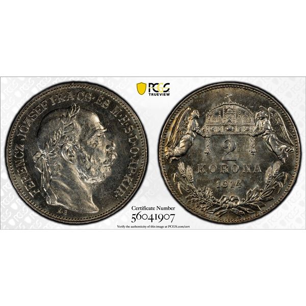 HUNGARY: Franz Joseph I, 1848-1916, AR 2 korona, 1914, PCGS AU58