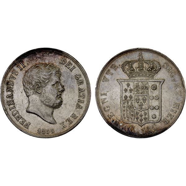 ITALY: NAPLES: Ferdinando II, 1830-1859, AR 120 grana, 1855, Choice XF